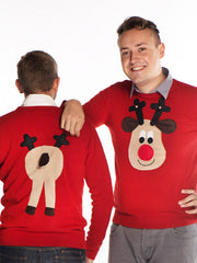 Men's Christmas Jumper Front & Back Rudolph Reindeer Roundneck Beige Face