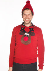 Men's Christmas Jumper Rudolph Reindeer Roundneck Brown Face