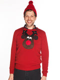 Men's Christmas Jumper Front & Back Rudolph Reindeer V Neck Brown Face
