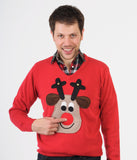 Men's Christmas Jumper Front & Back Rudolph Reindeer V Neck Beige Face